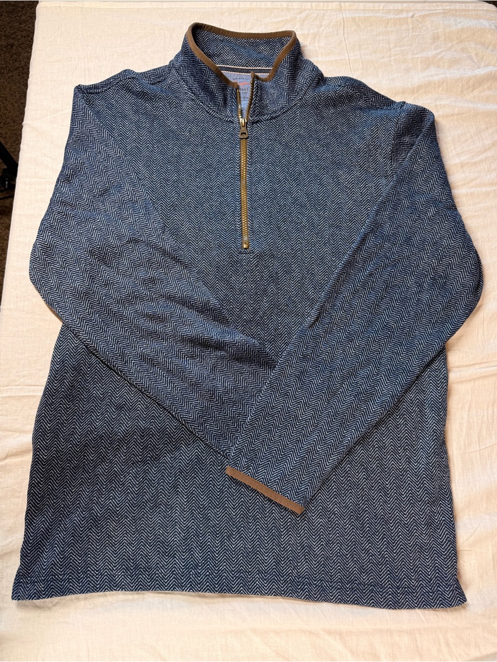 Weatherproof Men's Navy Herringbone Quarter-Zip Sweater with Brown Trim